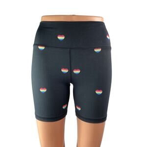 Spritual Gangster Black Rainbow Hearts High Rise Yoga Athletic Biker Shorts Sz S